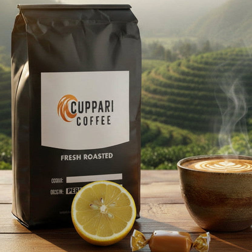 Black coffee bag with a white label on a white background