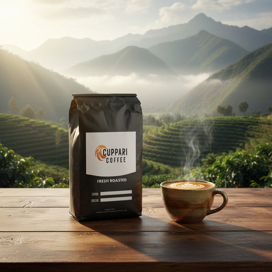 Black coffee bag with a white label on a white background